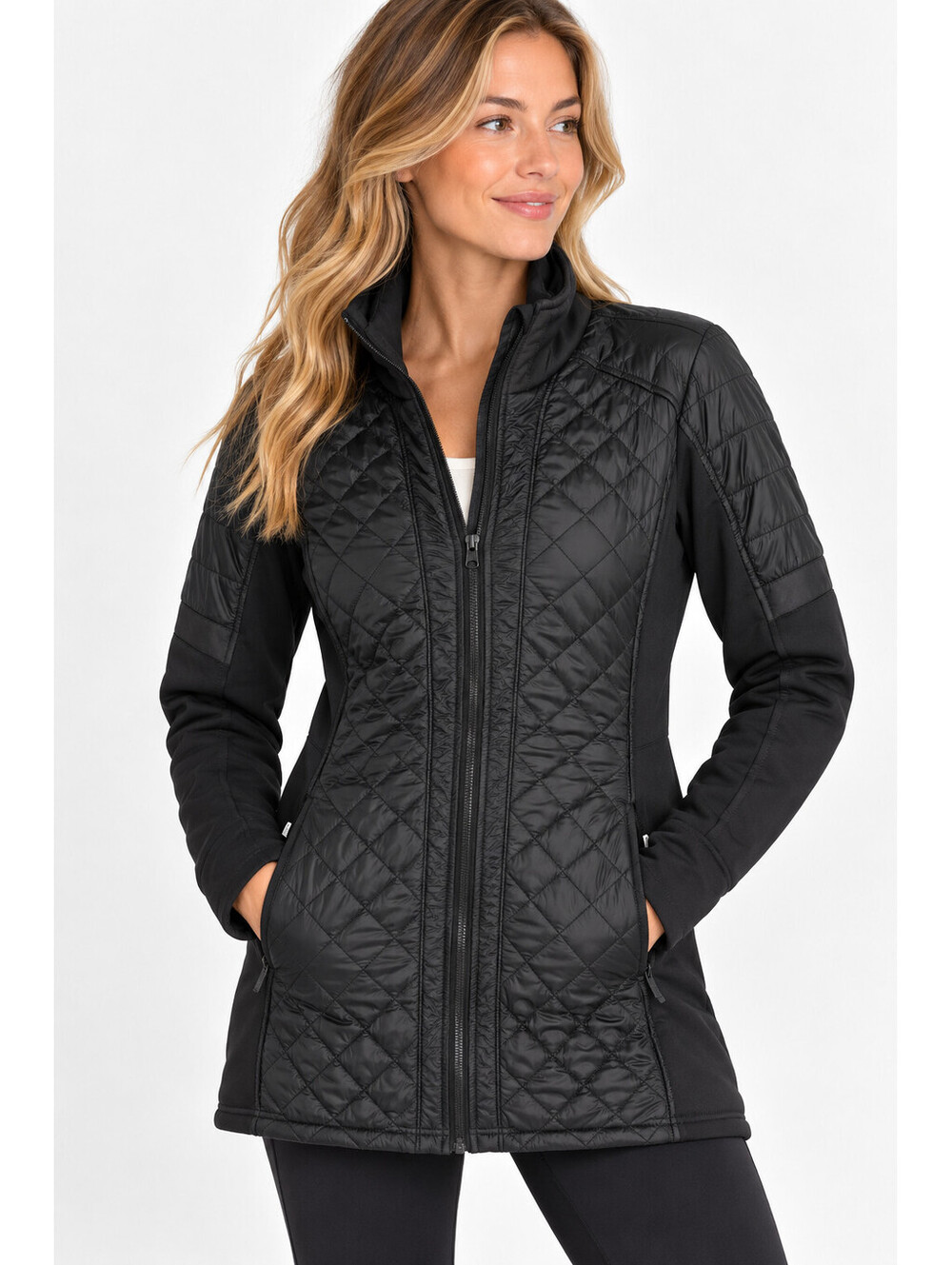 Athleta Women’s Medium Black Quilted Hybrid Jacket Full Zip Stretch Coat